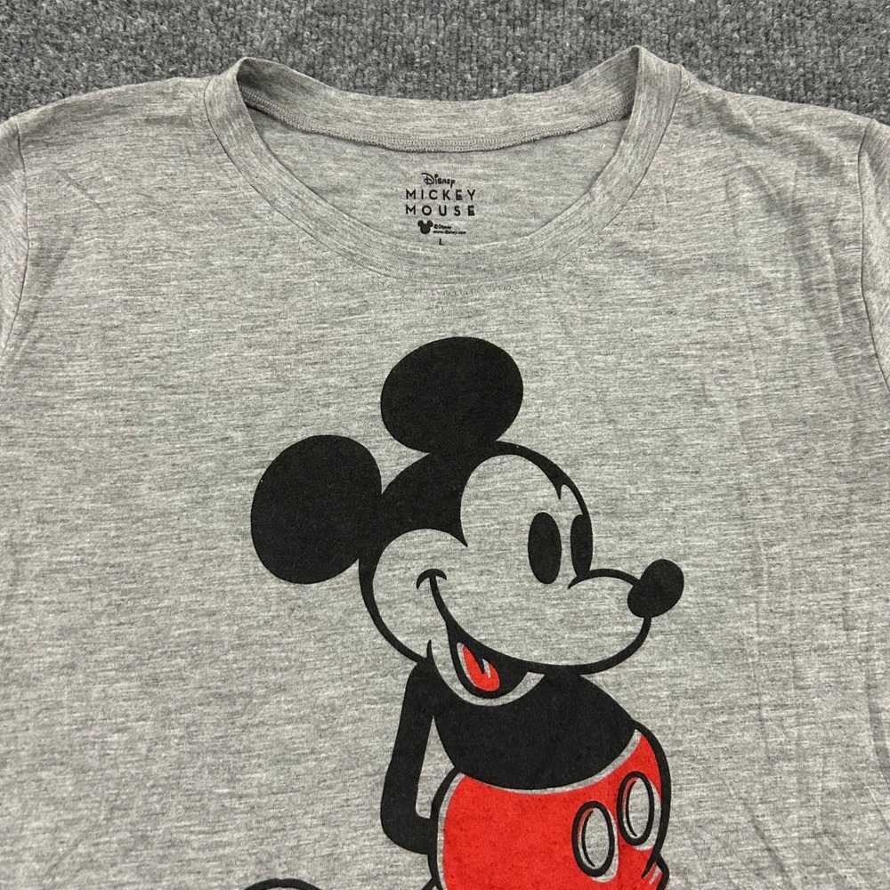 Disney T-Shirt Womens Size L Gray Mickey Mouse Graphic Short Sleeve Rayon Blend